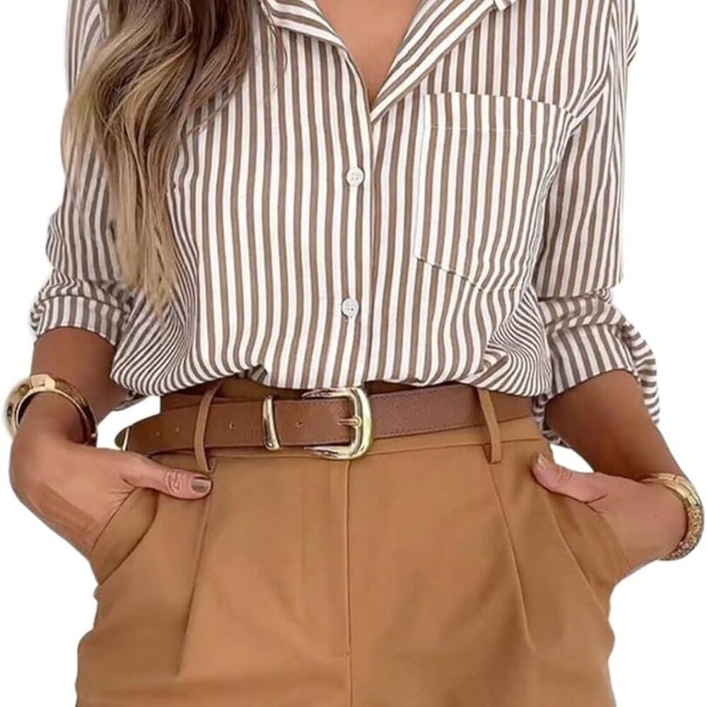 Striped Button Down Shirts For Women Dress Shirts Long Sleeve Casual Collared Of